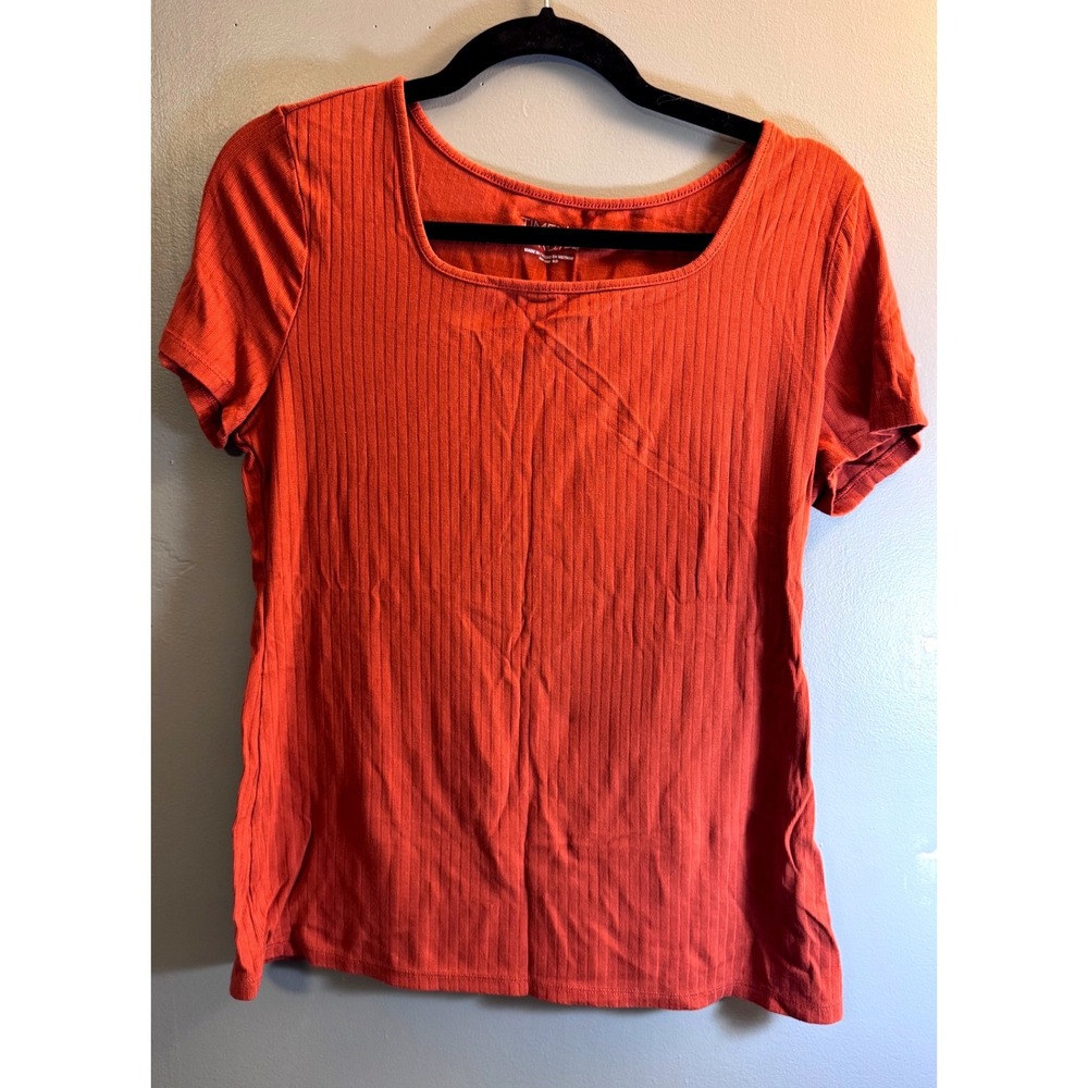 Time and Tru Womens Ribbed Square Neck Short Sleeve Top Rust Orange Medium 8-10